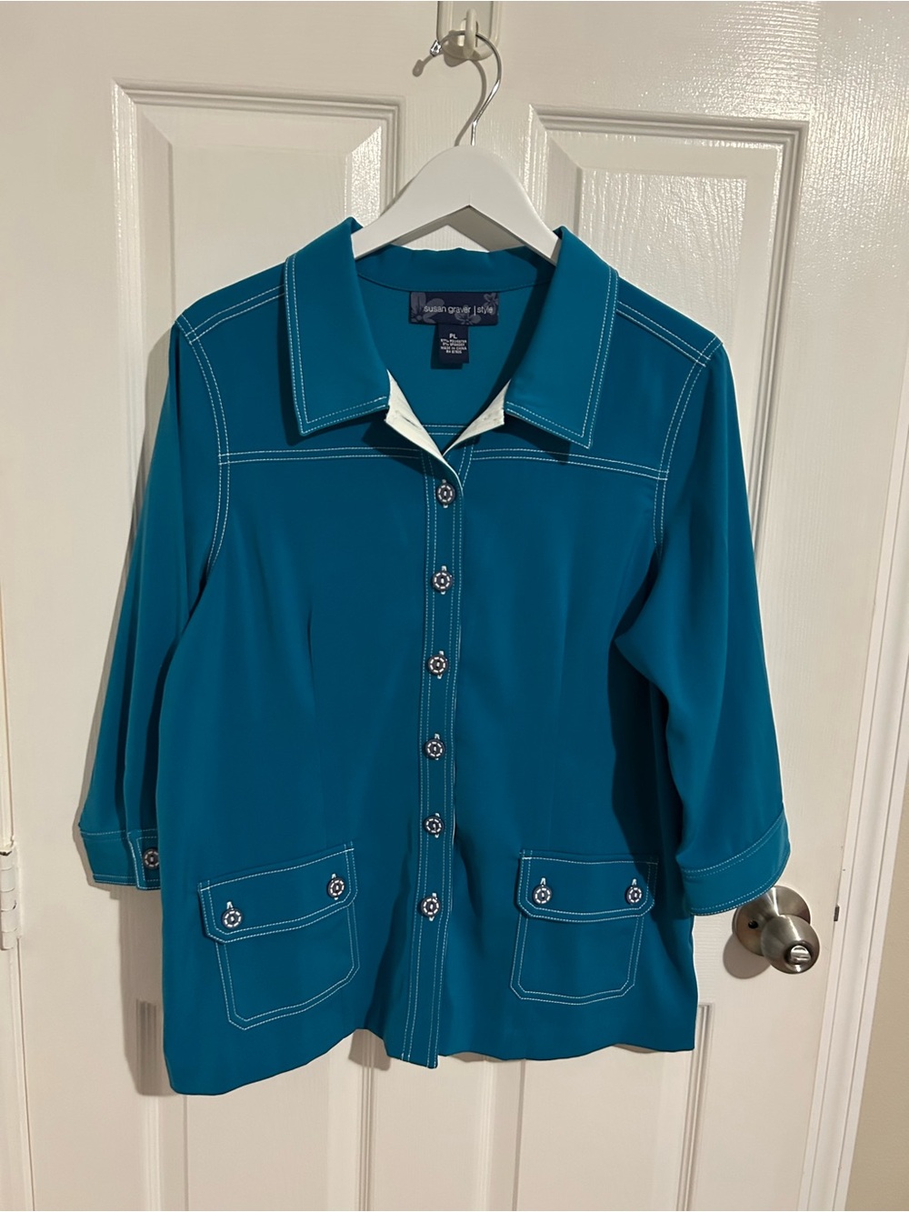 Susan Graver Teal Button-Front 3/4 Sleeve Shirt with Contrast Stitching
